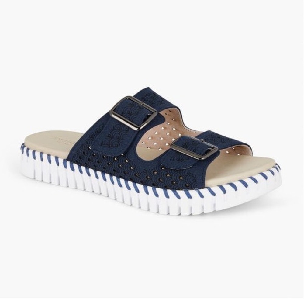 Ilse Jacobsen Hornbaek Tulip 3574 Navy Blue Buckle Slide Sandals Womens 38